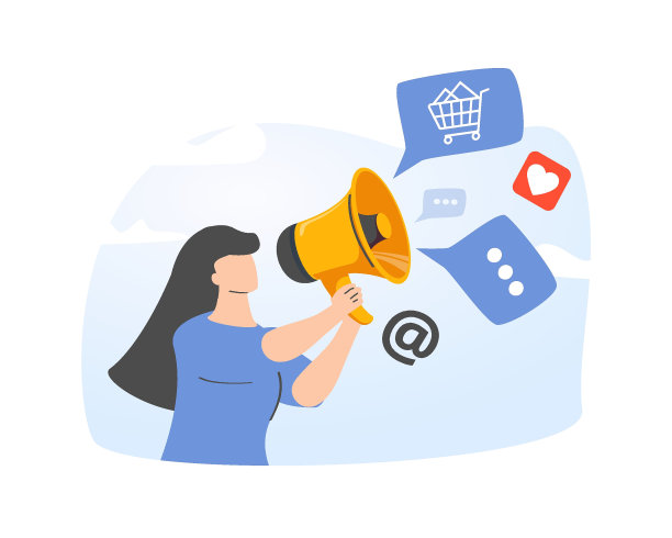 营销和数字推广，广告，传播，宣传概念。女人用扩音器推广品牌，用内容影响。平面矢量插图隔离在白色背景图片下载