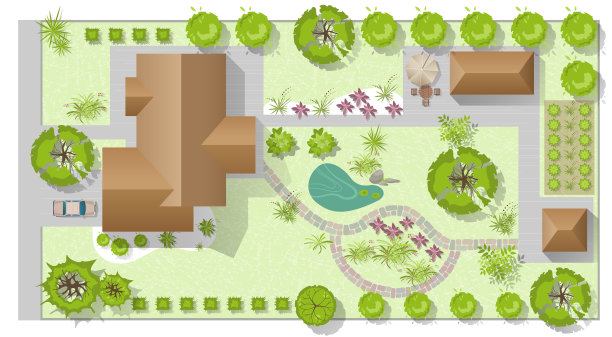 景观设计方案与房屋，庭院，草坪和车库顶景。非常详细的规划与现代小屋，花园，池塘，游泳池的国家。矢量插图的城市景观，地图的城镇，村庄图片下载
