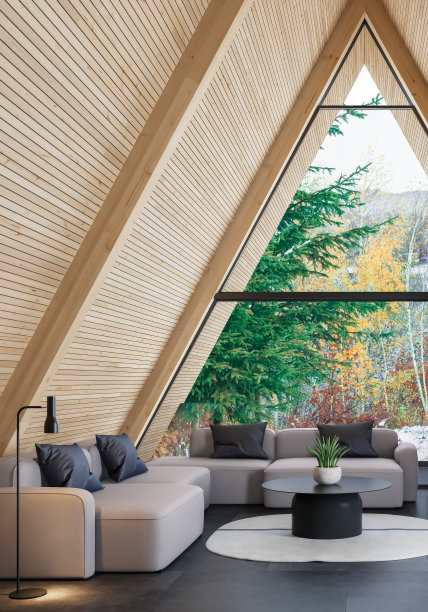 现代舒适的斯堪的纳维亚客厅与木制墙板。图片下载