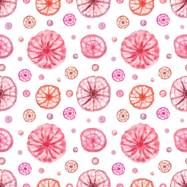 漂浮在水泡中的水母。美杜莎的俯视图。粉红色和红色的柑橘片点缀着华丽的湖水。热带海底。无缝模式。插图孤立在白色上。儿童纺织品，印花图片下载