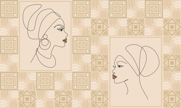 米色瓷砖的民族背景和线条艺术绘画中戴着民族头饰的非洲妇女图片下载