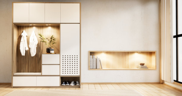 柜体和壁架上有空房间的装饰、灯具、植物、地毯、沙发。图片下载