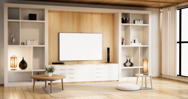 柜体和壁架上有空房间的装饰、灯具、植物、地毯、沙发。图片下载