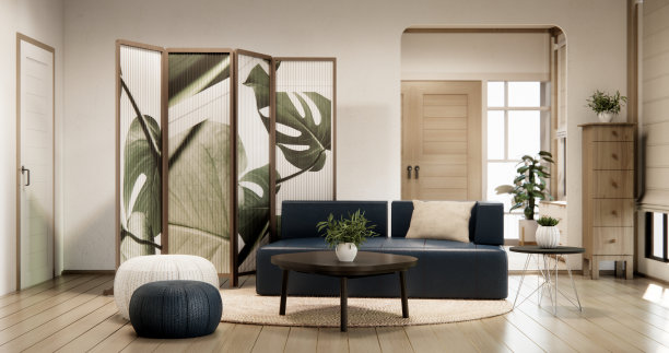 橱柜货架上的墙壁设计与装饰房间和沙发。图片下载