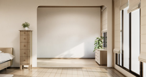 柜体和壁架上有空房间的装饰、灯具、植物、地毯、沙发。图片下载