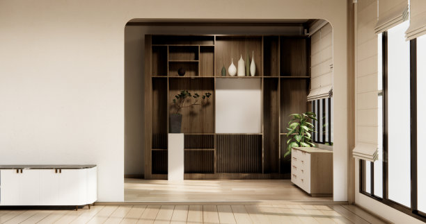 柜体和壁架上有空房间的装饰、灯具、植物、地毯、沙发。图片下载