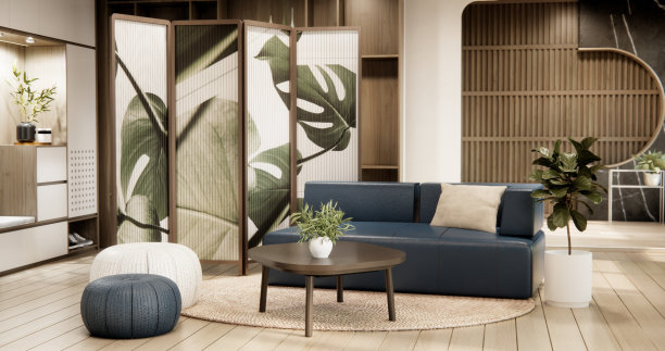 橱柜货架上的墙壁设计与装饰房间和沙发。图片下载