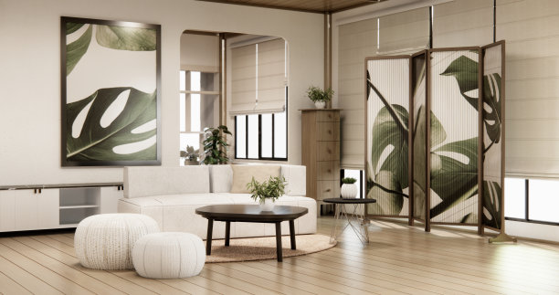 橱柜货架上的墙壁设计与装饰房间和沙发。图片下载