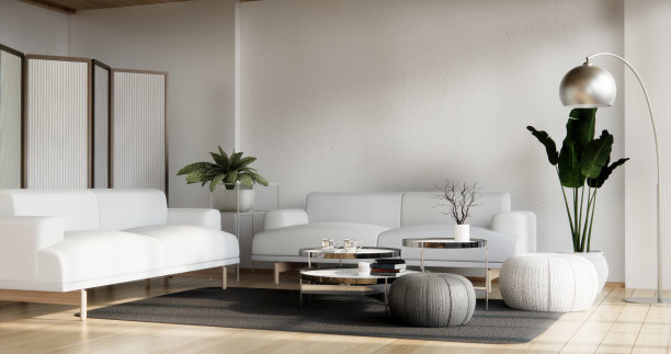 橱柜货架上的墙壁设计与装饰房间和沙发。图片下载