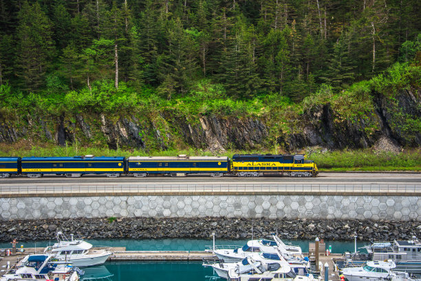 在惠蒂尔码头旁边行驶的阿拉斯加客运列车图片下载