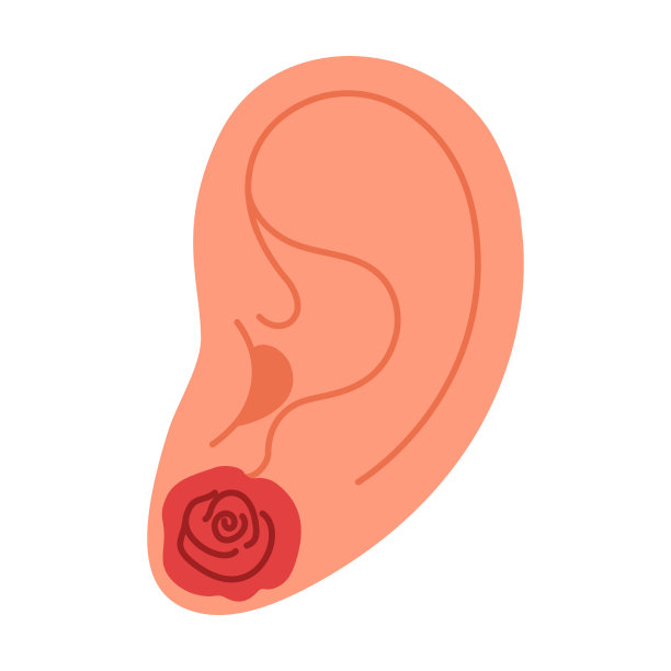 戴耳环的耳朵。玫瑰耳环夏季花首饰扁平款式。图片下载