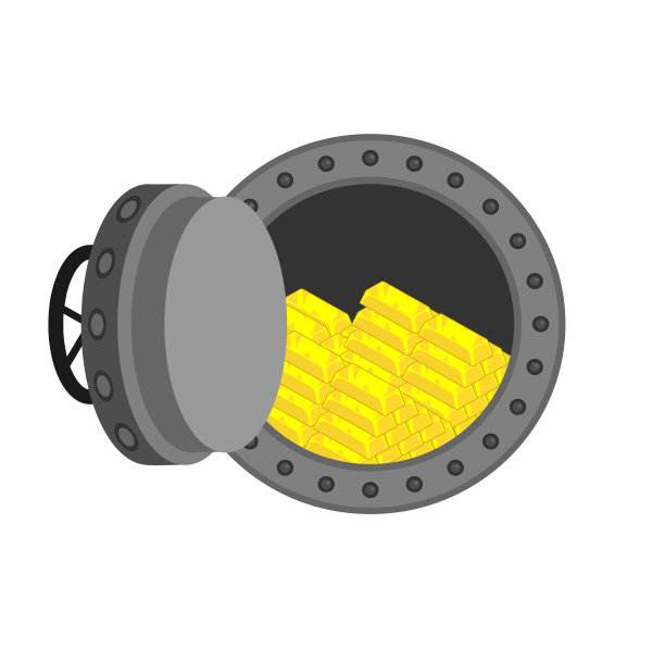 现金库和黄金。大型圆形铁防弹金库门。图片下载