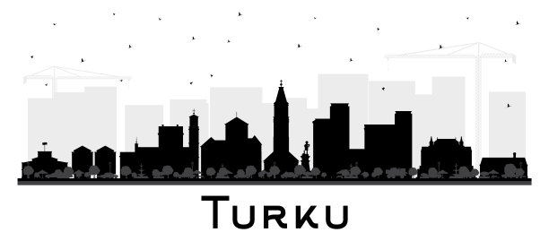 芬兰图尔库城市天际线轮廓与黑色建筑孤立在白色。图尔库城市景观与地标。商务和旅游理念与现代和历史建筑。图片下载