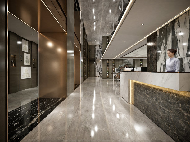 豪华商务中心入口大堂及接待处。三维渲染图片下载