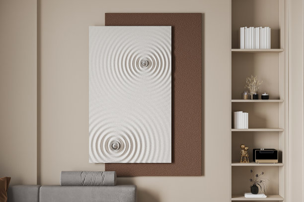 客厅沙发后面的墙上挂着3D墙艺框架。图片下载