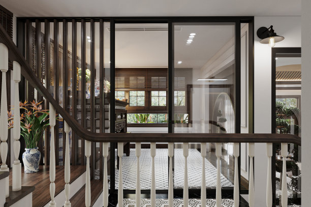 楼梯是木质和混凝土的室内楼梯，传统风格。三维渲染图片下载