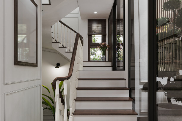 白色和木制的楼梯，鲜花进入一个花盆靠窗的情况下。三维渲染图片下载