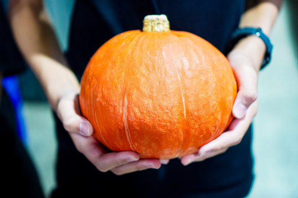 在泰国清迈的一个社区新鲜蔬菜市场，人们手持橙色有机南瓜准备带回家的特写照片，全球食品安全和公共卫生。图片下载