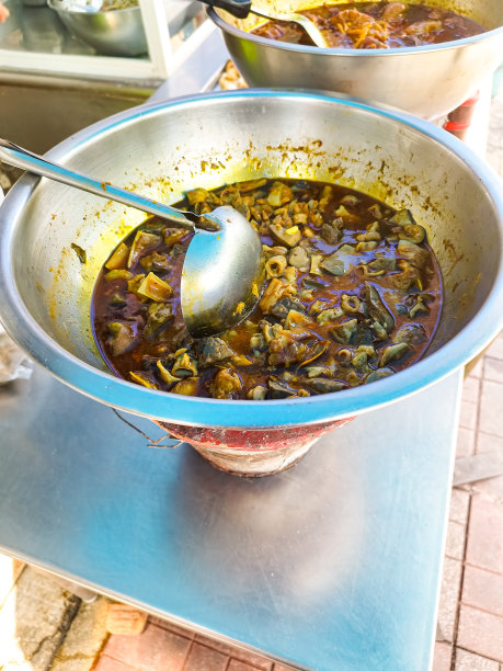 泰国清迈一家街头小吃店的摊位上卖的酸咖喱配猪肉的垂直图片。图片下载