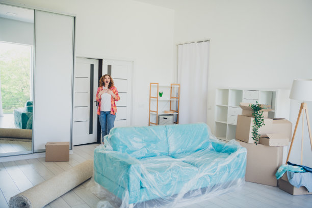 照片中开朗惊喜的可爱女子买了新公寓，室内装修修复图片下载