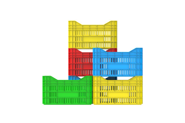 一堆装水果或蔬菜的板条箱被隔离在白色背景上。三维渲染图片下载