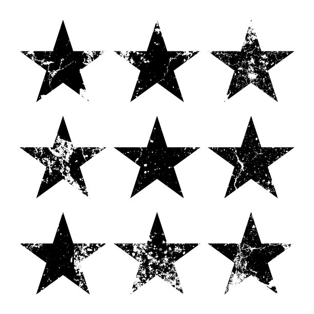带有裂缝和污点的复古星星。旧手绘招牌，黑色造型简单。复古设计元素与苦恼的效果，grunge纹理。矢量图图片下载