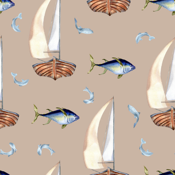 航海水彩航海图案。帆船与鱼金枪鱼手绘无缝设计。鱼和船在背景孤立。海洋生物元素用于纺织、包装、印刷品图片下载