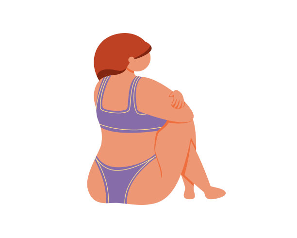 一个穿着蓝色比基尼泳衣的年轻女孩背对着坐着。图片下载