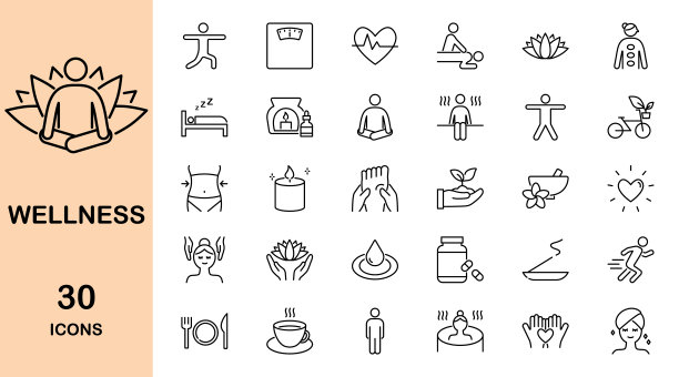 健康细线图标集。包含水疗，瑜伽，按摩，饮食，运动，健康等。矢量图图片下载