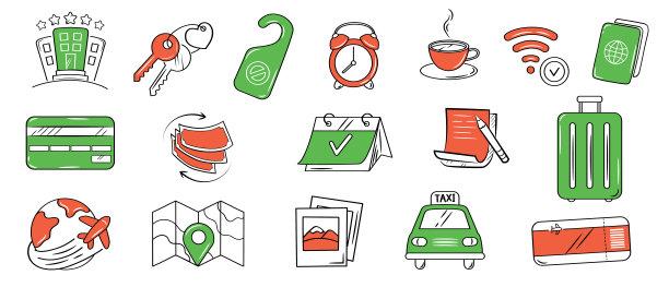 酒店或旅馆绿色橙色涂鸦图标集。旅游，旅游手绘插图白色背景。图片下载