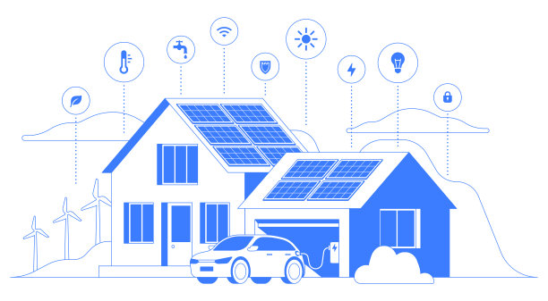 电动汽车居家充电，可持续线条艺术插画。图片下载