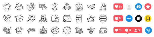 照片相机，在线拍卖和快速入门指南线图标包。用于web应用程序。社交媒体图标。向量图片下载