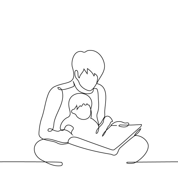 男子与婴儿坐在地板上读书-一行艺术矢量。概念父亲和孩子花时间一起阅读图片下载