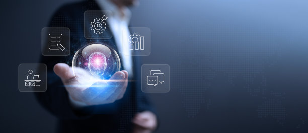 在图片中，一个穿着西装的人拿着一个平板电脑，上面有一个全息人工智能的头。他们用触控笔与它互动，象征着人工智能与现代科技的融合。图片下载