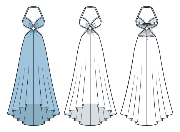 晚装及地长裙技术时尚插画。蕾丝连衣裙时尚平面技术图纸模板，裁剪，垂饰，后拉链，不对称底，前后视图，白色，蓝色，女装CAD模型集。图片下载
