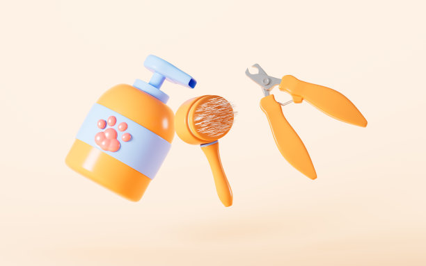 卡通宠物指甲刀、梳子、宠物沐浴露等宠物用品，3d渲染。图片下载