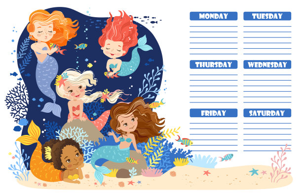 手绘矢量插图的一个可爱的美人鱼在水下世界。儿童卡通背景。每周计划和每日计划的孩子从周一到周日的日程安排图片下载