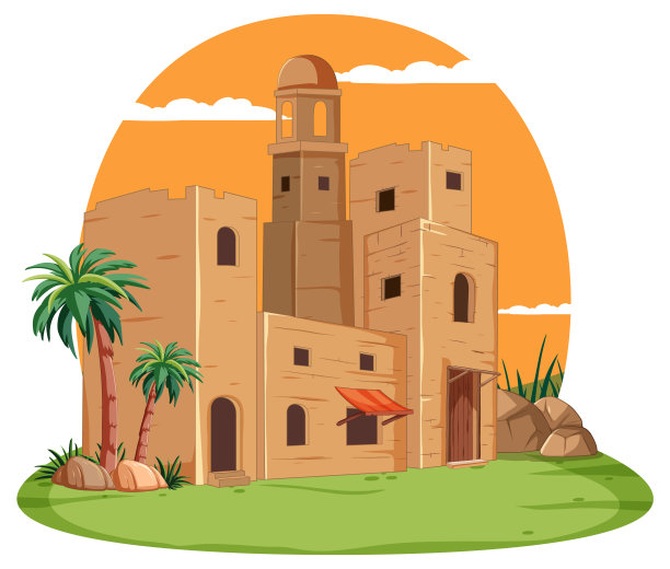 有棕榈树和岩石的历史建筑图片下载