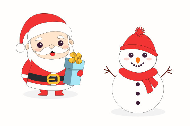 圣诞老人和雪人。圣诞快乐图标集。可爱的卡通卡哇伊有趣的微笑婴儿角色。举起手来。礼盒里有蝴蝶结。贺卡。平面设计。白色背景。孤立。图片下载