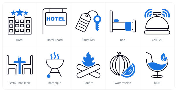 一套10夏季和假期图标作为酒店，酒店董事会，房间钥匙图片下载