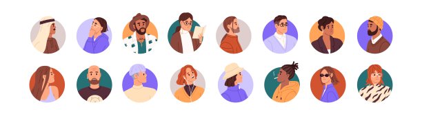 不同人物的圆形头像设置。不同的男人和女人的头在圆形框架的用户配置文件。各种时尚的男女肖像。白色背景上的平面隔离矢量插图图片下载