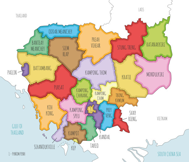 带有省份和行政区划的柬埔寨地图矢量图图片下载