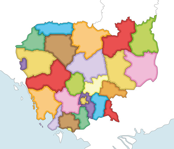 带有省份和行政区划以及邻国的柬埔寨区域空白地图矢量图，可编辑且图层标记清晰图片下载