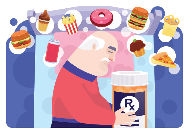 老年人拿着药瓶，睡在床上，梦见周围都是垃圾食品图片下载