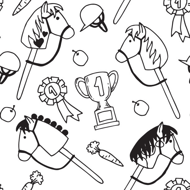 爱好骑马无缝花纹。可爱的涂鸦风格印刷与玩具马。图片下载
