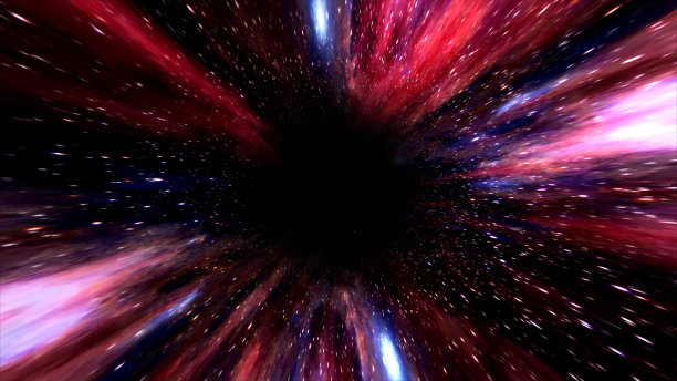 红紫色的银河隧道。穿越一个多彩的宇宙，来到一个虫洞。超跳跃穿过明亮的恒星星云。天文空间研究。未来星际旋风图片下载