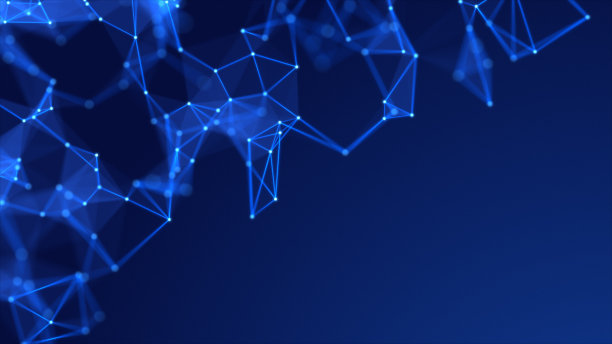 蓝色背景上的丛。抽象的霓虹灯连接点和线在一个黑暗的背景。蓝色粒子和多边形缓慢飞行，未来主义交织的数字数据。图片下载