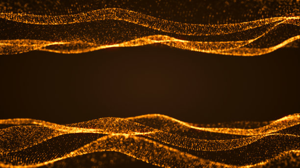 九月的金色波浪在黑色的背景上。液体平滑运动形成光滑的铜形。水纹理表面发光的橙色颗粒。未来软数字数据流。图形br图片下载