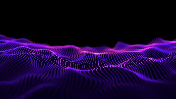 黑色背景上的紫色波浪。数字海洋，图形景观，排版地图。波浪的空间。科幻微观世界。3D循环数据流概念。带有发光HUD的蓝色高科技领域。摘要图片下载