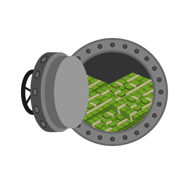 现金库的钱。美元和现金。大型圆形铁防弹金库门。图片下载